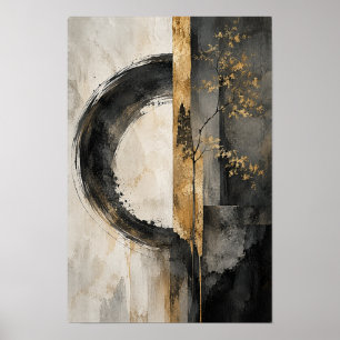 Affiche Cercle d'or noir et branche botanique abstrait Wa