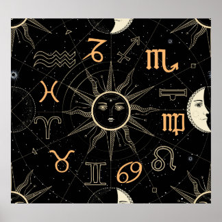 Affiche Cercle Horoscope, signes zodiaques, vintage.