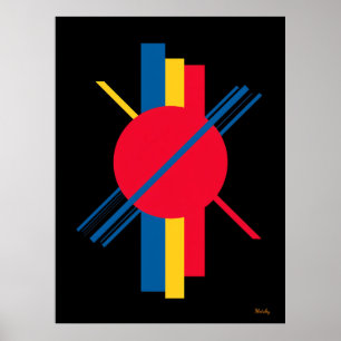 Affiche Cercle rouge avec Bars Bauhaus Bleu et Jaune