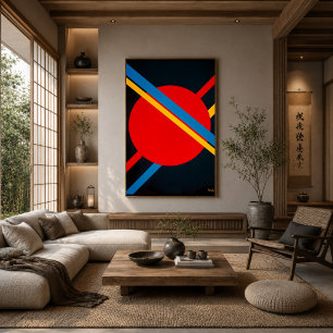 Affiche Cercle rouge avec diagonales bleues et jaunes Bauh