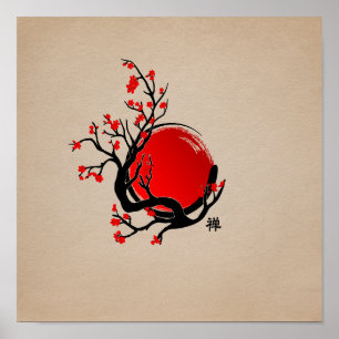 Affiche Cercle Zen Enso, Soleil et Rouge Sakura Blossom