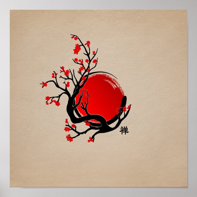 Affiche Cercle Zen Enso, Soleil et Rouge Sakura Blossom (Devant)