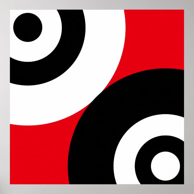 Affiche Cercles abstraits noir et blanc sur fond rouge (Devant)