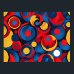 Affiche Cercles géométriques d'art pop rétro<br><div class="desc">Soyez audacieux avec ce motif rétro dynamique et énergique. Inspiré par le pop art des années 60 et le design moderne, cette oeuvre présente une explosion ludique de cercles et d'anneaux chevauchants dans une palette classique de rouge, bleu et jaune. C'est un design amusant, accrocheur et gai sans s'excuser, plein...</div>