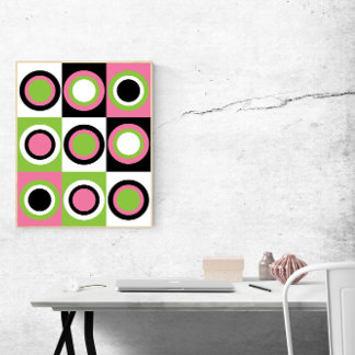 Affiche Cercles Motif Retro Rose Vert Noir Blanc