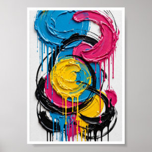 Affiche Cercles Pop Dégoulinants - Bleu Rose Jaune Noir Co