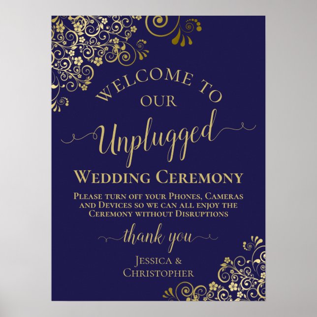Affiche Cérémonie de Mariage Blue & Gold Chic Unplugged de (Devant)