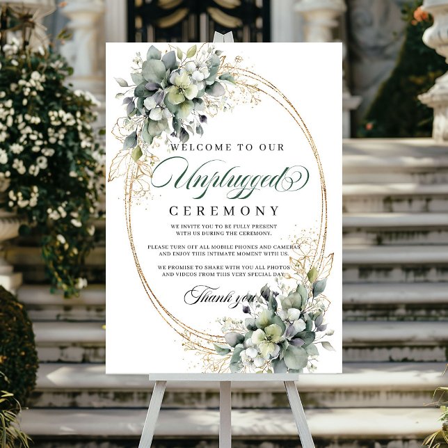 Affiche Cérémonie de mariage botanique vert poussiéreux dé (Dusty Green Botanical Unplugged Ceremony Wedding Poster)