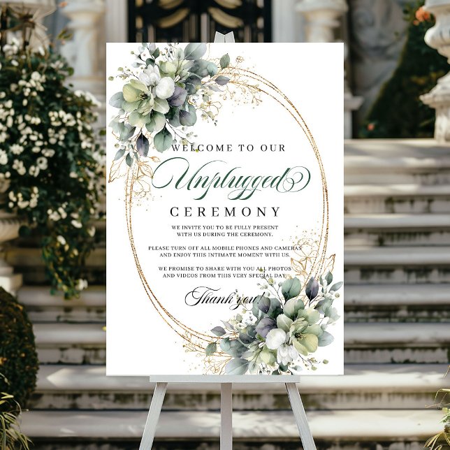 Affiche Cérémonie de mariage botanique vert poussiéreux dé (Dusty Green Botanical Unplugged Ceremony Wedding Poster)