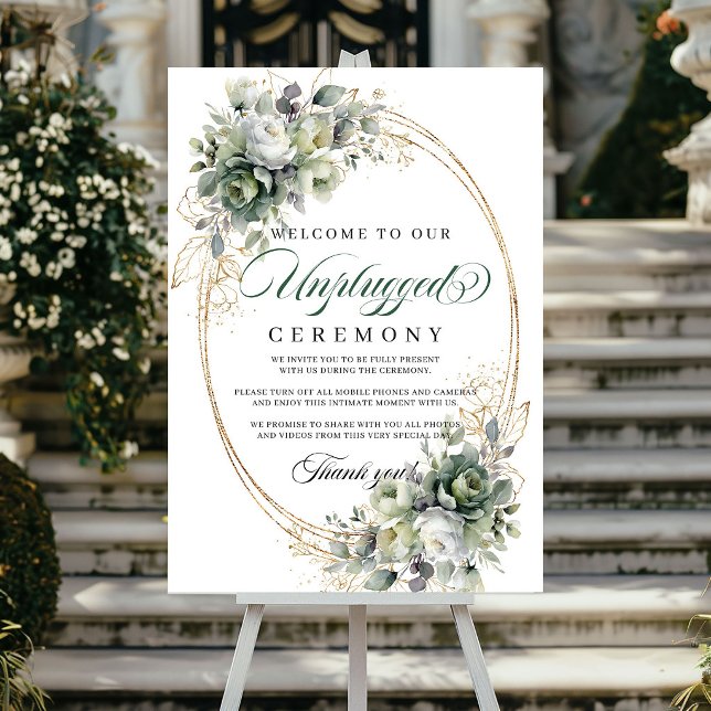 Affiche Cérémonie de mariage débranchée au feuillage vert  (Dusty Green Foliage Unplugged Ceremony Wedding Poster)