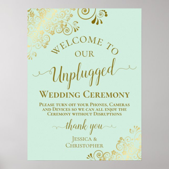 Affiche Cérémonie de Mariage Mint Green & Gold Chic Unplug (Devant)