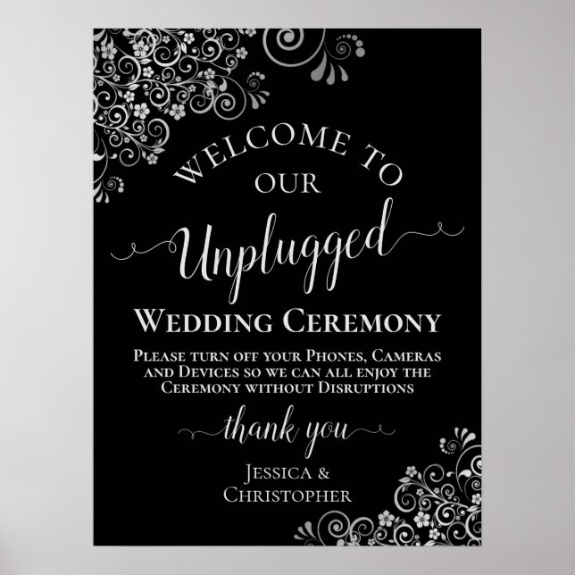Affiche Cérémonie de Mariage stylé noir et argent débranch (Devant)