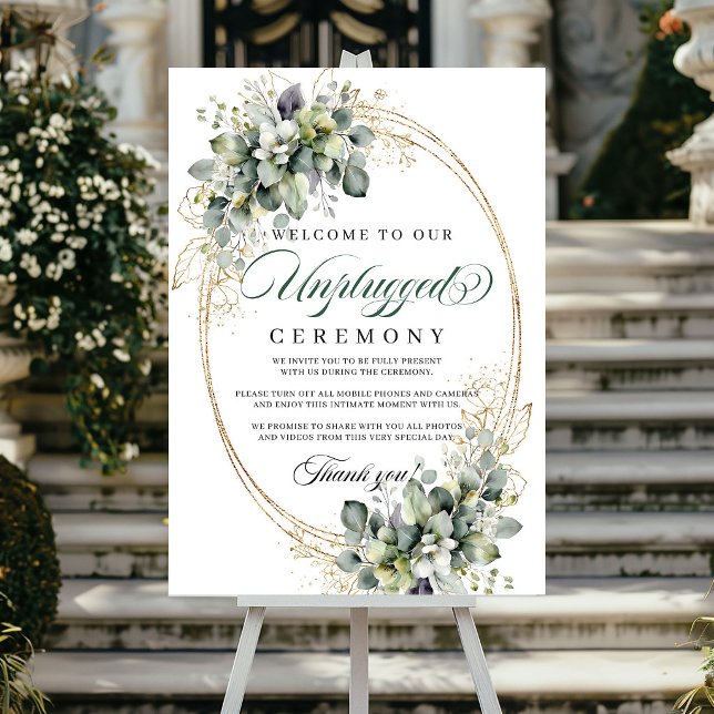 Affiche Cérémonie de mariage vert botanique blanc débranch (Botanical Green White Unplugged Ceremony Wedding Poster)