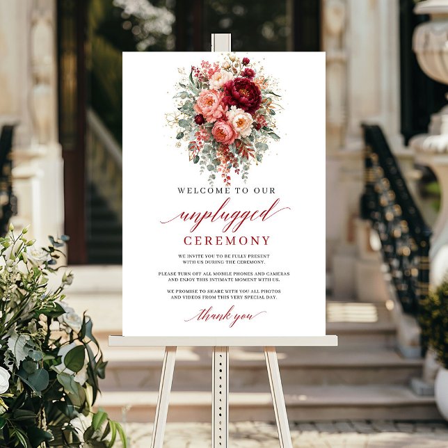 Affiche Cérémonie Florale Automnale Marron Rustique Non Br (Rustic Maroon Autumn Floral Unplugged Ceremony Sign

)