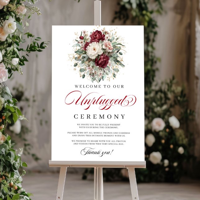 Affiche Cérémonie Florale Élégante Bourgogne Débranchée (Chic Floral Blush Burgundy Unplugged Ceremony)