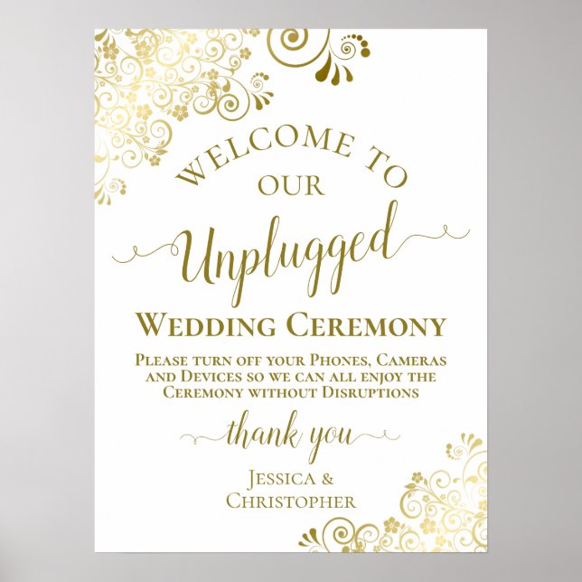 Affiche Cérémonie Mariage débranchée en or et blanc élégan (Devant)