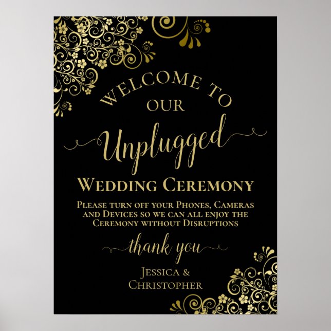 Affiche Cérémonie Mariage stylée Noir & Or Unplugged (Devant)