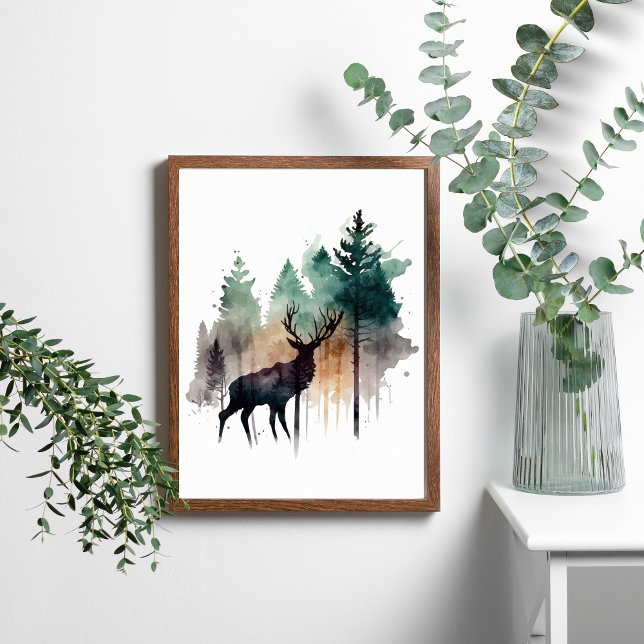 Affiche Cerf à l'aquarelle dans les arbres de la forêt Nat (Créateur téléchargé)