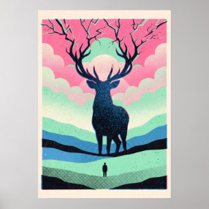 Affiche Cerf au clair de lune et figure solitaire Art Rétr