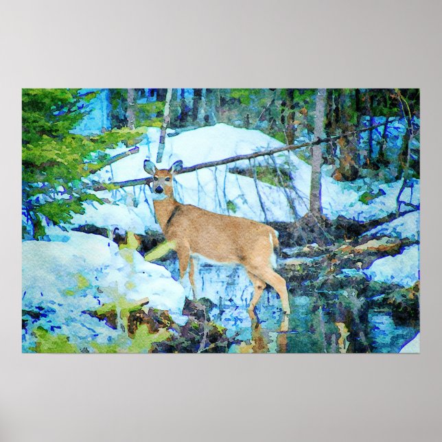 Affiche Cerf blanc en hiver Aquarelle de la faune de neige (Devant)
