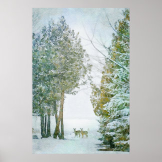 Affiche Cerf blanc en hiver Aquarelle de la faune de neige