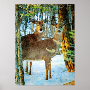 Affiche Cerf blanc en hiver Aquarelle de la faune de neige