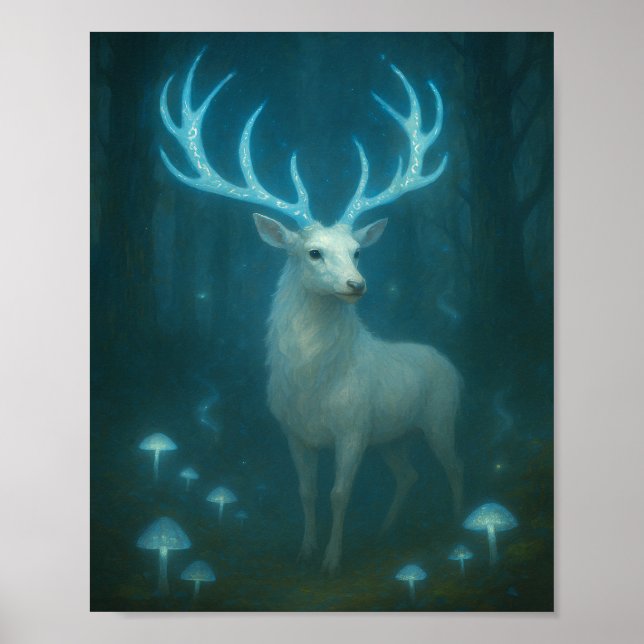Affiche Cerf Blanc Enchanté dans la Forêt au Clair (Devant)