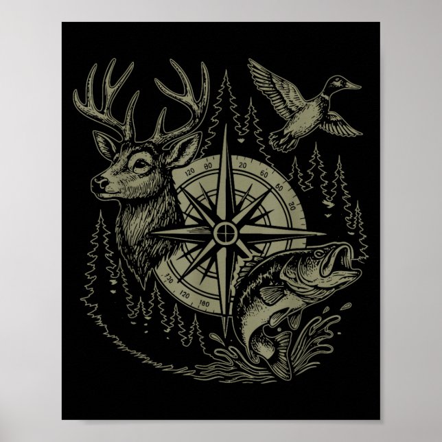 Affiche Cerf Canard Pêche Chasse Résout La Plupart De Mes  (Devant)