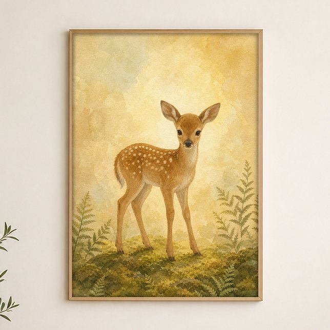 Affiche Cerf dans l'affiche aquarelle fantaisiste de clair (Shown framed for scale. Poster ships unframed; frames are an optional add-on.)