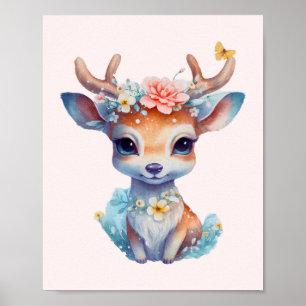 Affiche Cerf de Bébé mignon avec Antlers et Fleurs