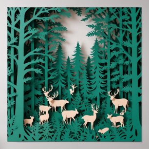 Affiche Cerf de forêt enchanté - Bois d'art coupé en papie