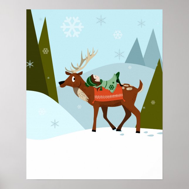 Affiche Cerf de Noël et elfe sur les sommets enneigés des  (Devant)