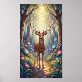 Affiche Cerf éthéré sur un chemin forestier lumineux