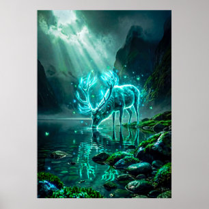 Affiche Cerf Fantastique Éthéré au Néon Cyan Luminescent