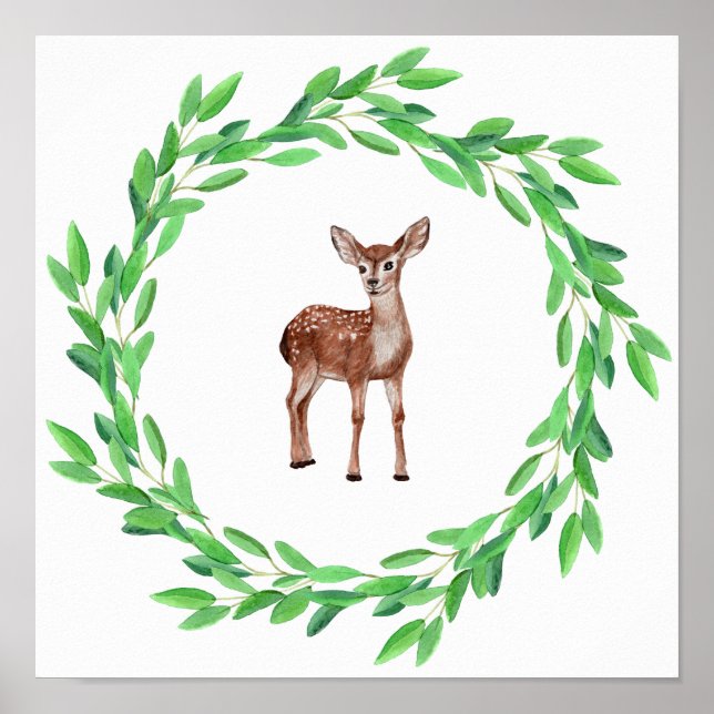 Affiche Cerf Faon Bébé Minuscule Peint Couronne de Feuille (Devant)