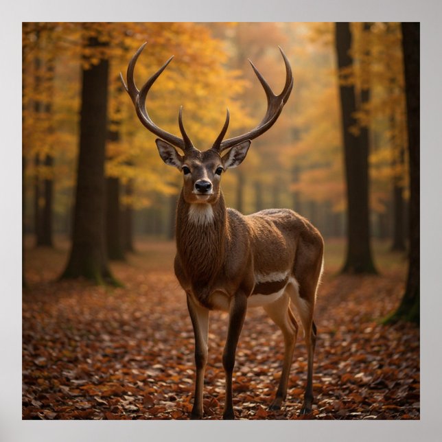 Affiche Cerf Majestueux  (Notice the intricate details of its antlers and the vibrant colors of the fallen leaves.  )