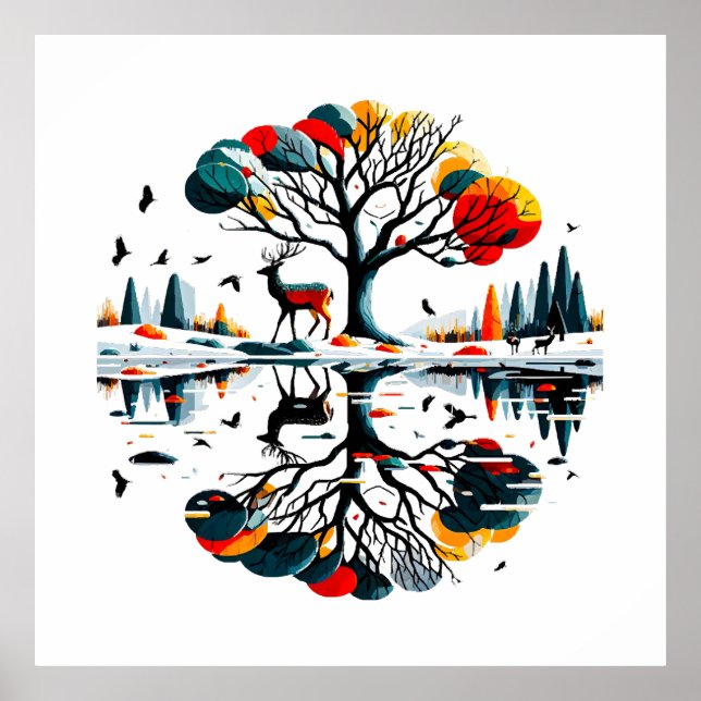 Affiche Cerf majestueux dans la forêt hivernale enneigée (Devant)
