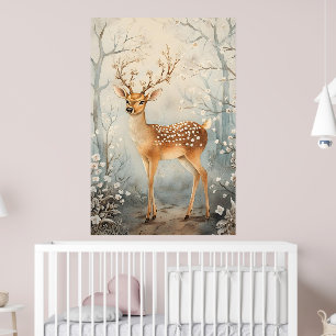 Affiche cerf majestueux dans un paysage hivernal serein. -