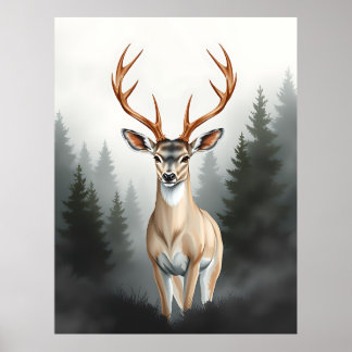 Affiche Cerf Majestueux dans une Forêt Brumeuse – Faune Tr