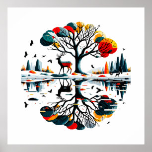 Affiche Cerf majestueux dans une forêt hivernale enneigée