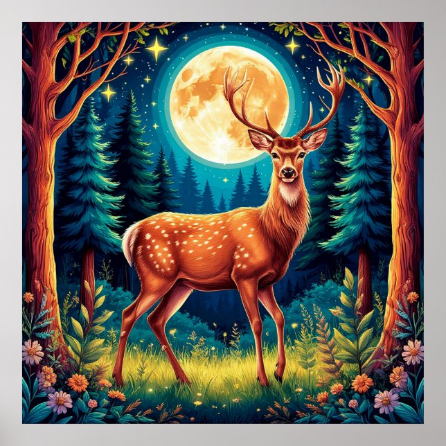Affiche Cerf majestueux dans une forêt luxuriante (Devant)