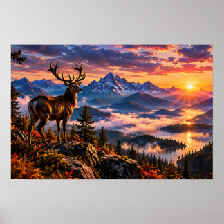 Affiche Cerf majestueux debout sur une montagne au coucher