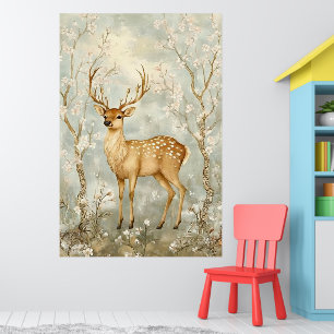 Affiche cerf sika dans une forêt printanière, entouré de f