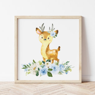 Affiche Cerfs, Animaux De Bois, Boho, Fleurs Bleues