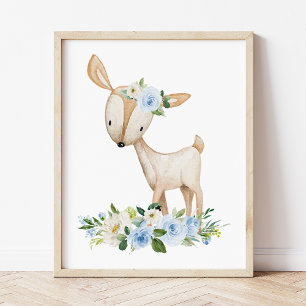 Affiche Cerfs, Animaux De Bois, Boho, Fleurs Bleues