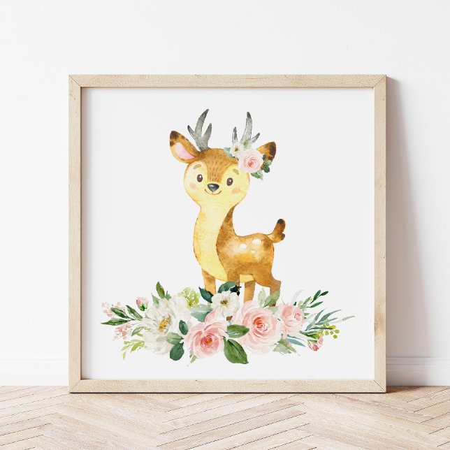 Affiche Cerfs, Animaux De Bois, Boho, Fleurs Roses (Créateur téléchargé)