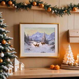 Affiche Cerfs avec un troupeau en hiver