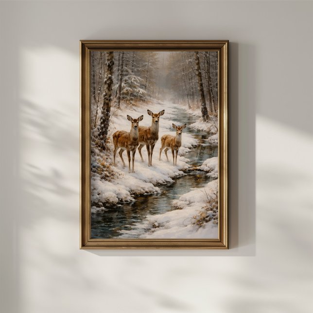 Affiche Cerfs d'hiver au ruisseau de la forêt (Créateur téléchargé)