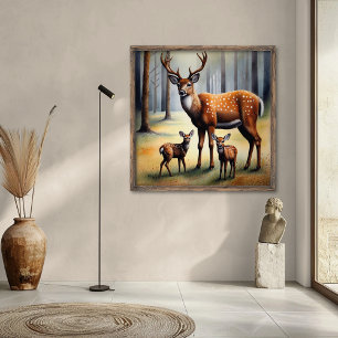 Affiche Cerfs Et Faons Dans La Forêt Animaux Sauvages