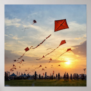 Affiche Cerfs-volants au coucher du soleil - Silhouettes d